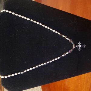 Sterling Silver Cross, Faux Pearl , Bead Necklace